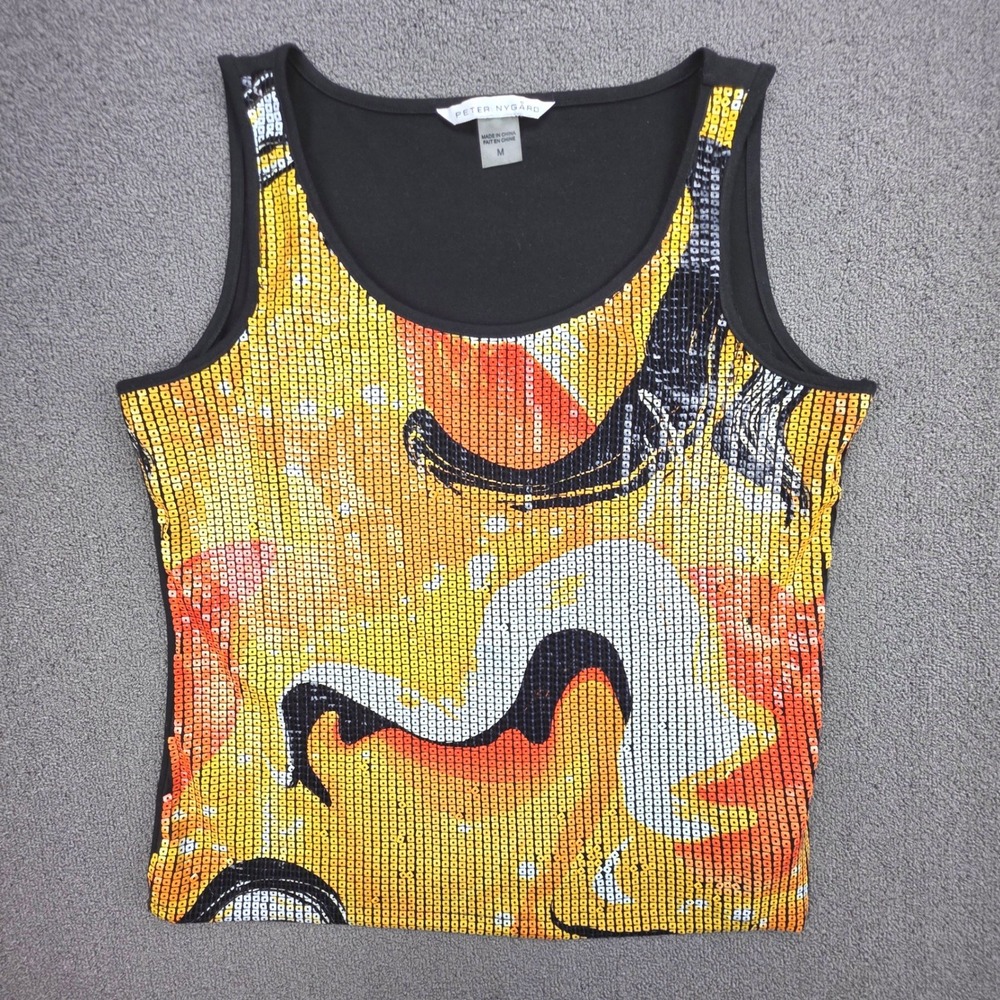Peter Nygard Sequin Abstract Tank Top Womens Black Orange Glam Size M